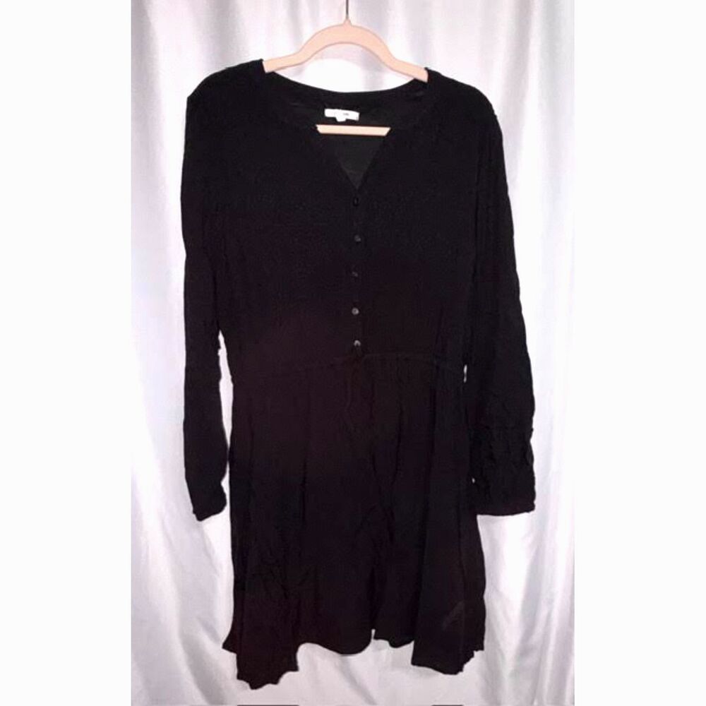 Maurices Black Textured Henley Drawstring Waist Dress Lg Boho Cottagecore Casual